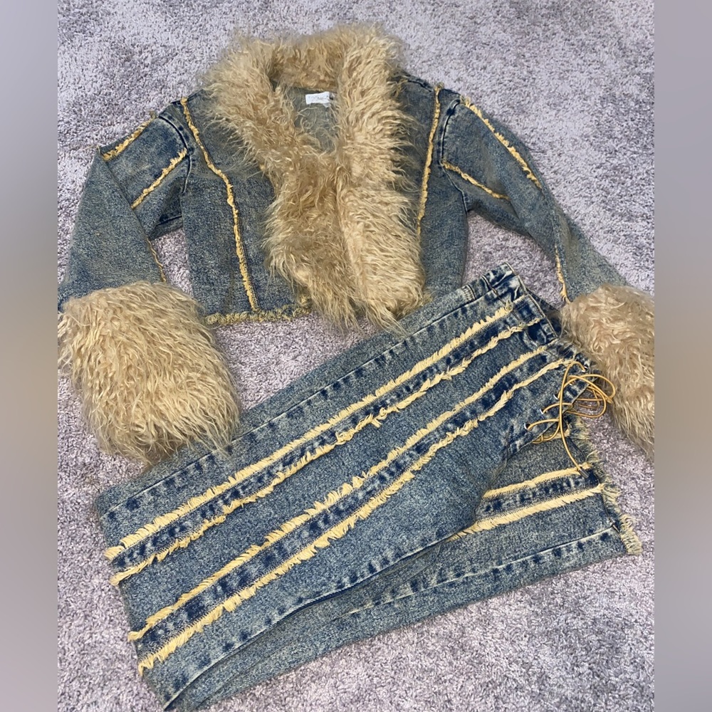 Fashion Nova Brown Fur and Denim Set